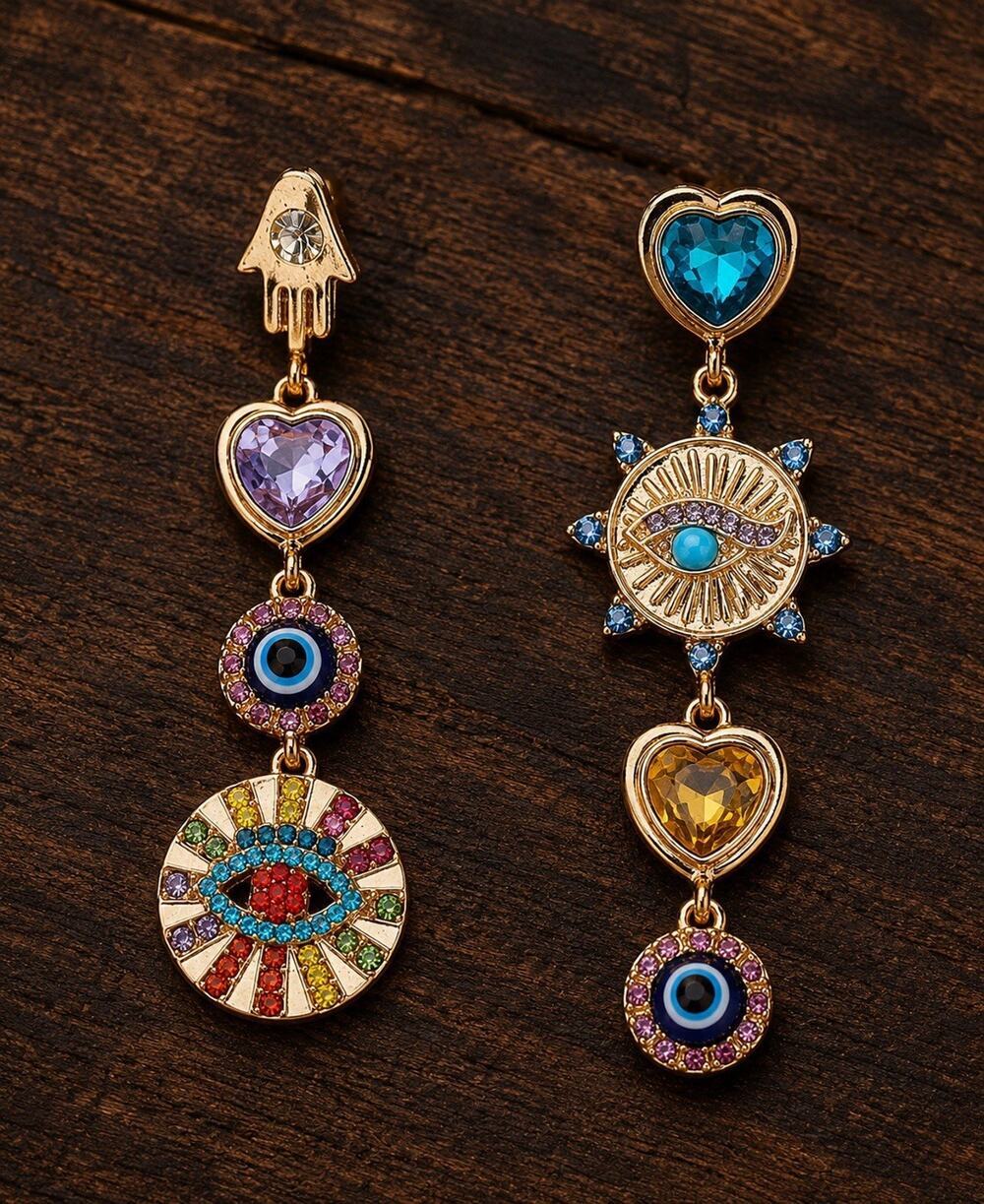 Evil’s Eye Gold Museum Hamsa Mismatch Earrings Devil Heart CZ Boho Hand Sun Art